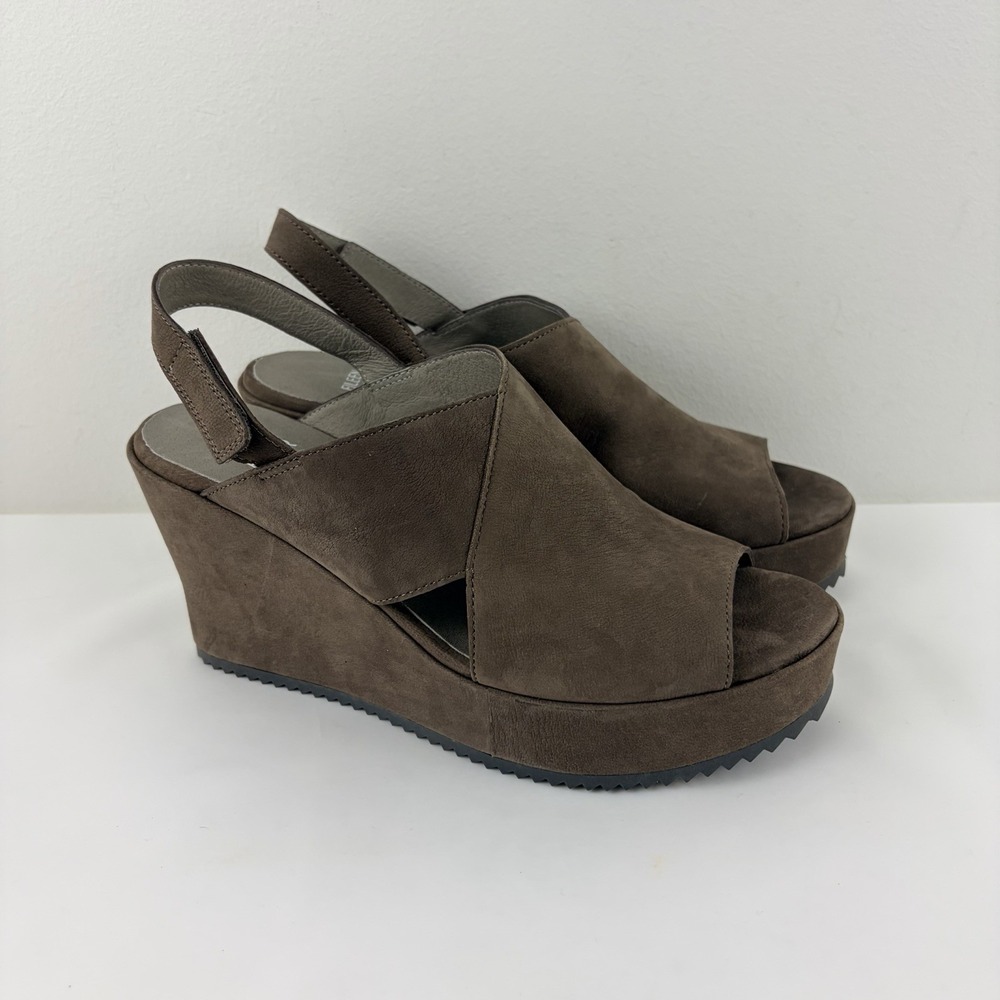 Eileen Fisher Brown Suede Slingback Platform Wedge Sandals Size 8 Boho Chic